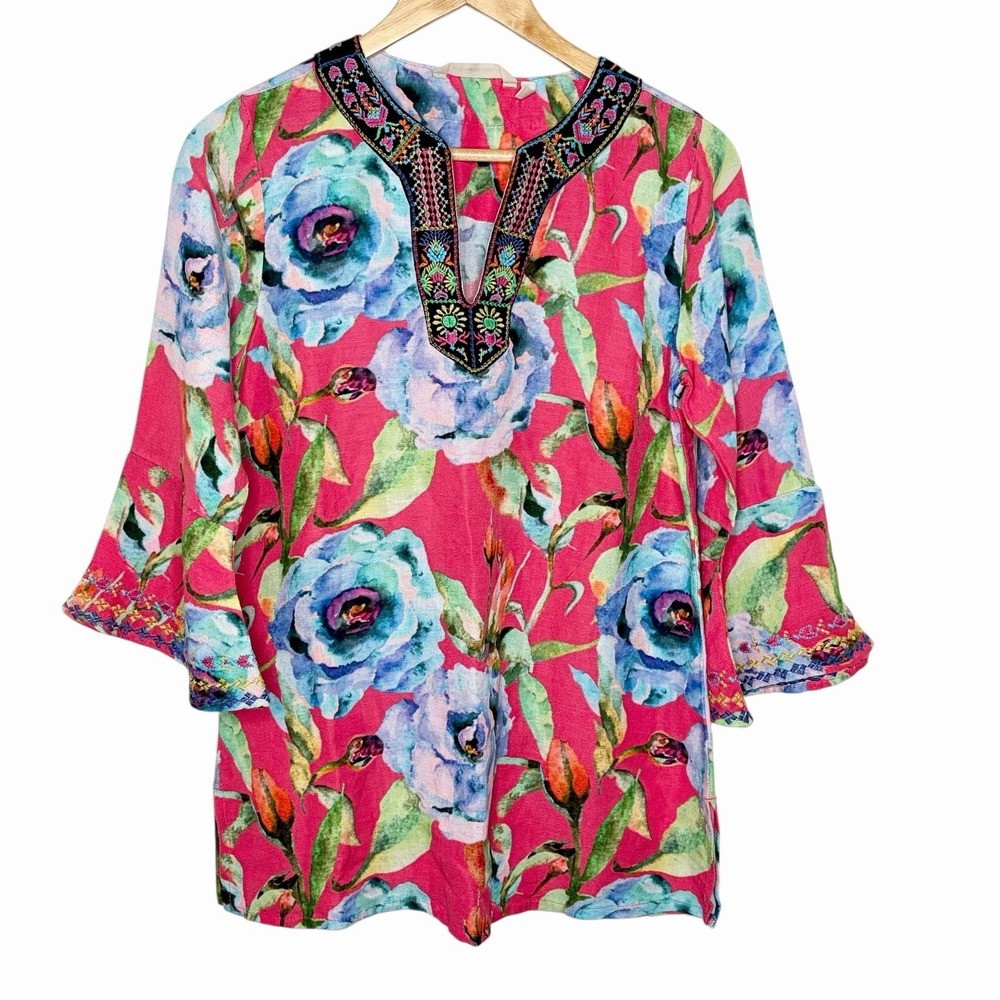Soft Surroundings Embroidered Floral Linen Blend Top Womens Size XS Tropical